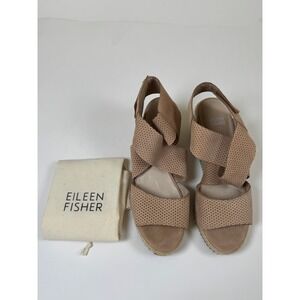Eileen Fisher Tan Perforated Leather Espadrille Wedge Sandals Womens 7.5